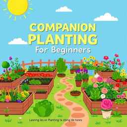 A captivating book cover design titled 'Companion Planting for Beginners' that illustrates a diverse garden setting, incorporating vegetable, flower, herb, and fruit gardens