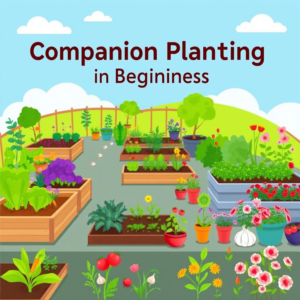 A captivating book cover design titled 'Companion Planting for Beginners' that illustrates a diverse garden setting, incorporating vegetable, flower, herb, and fruit gardens