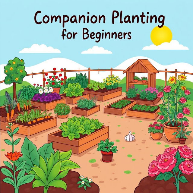 A captivating book cover design titled 'Companion Planting for Beginners' that illustrates a diverse garden setting, incorporating vegetable, flower, herb, and fruit gardens