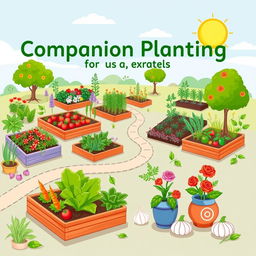 A vibrant and inviting book cover design for 'Companion Planting for Beginners', illustrating a diverse selection of gardens including vegetables, flowers, herbs, fruits, and fruit trees
