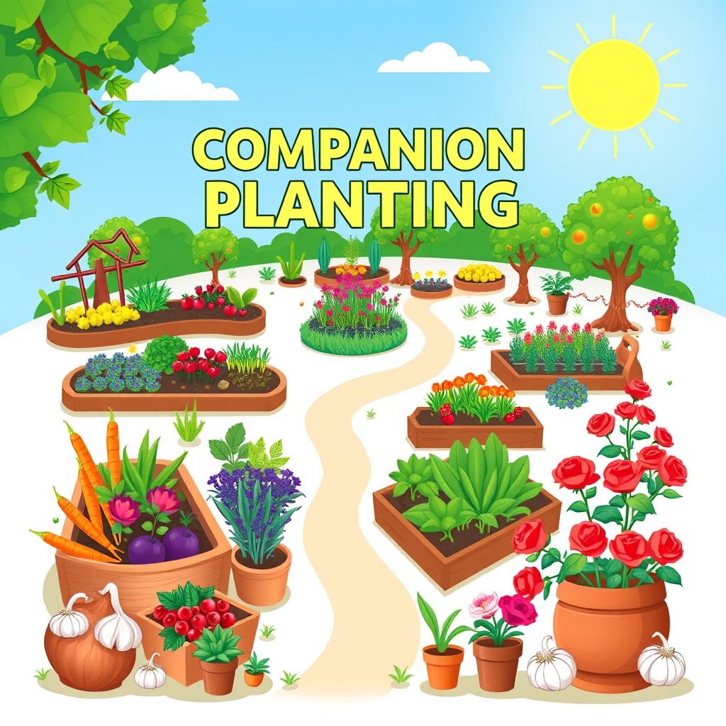 A vibrant and inviting book cover design for 'Companion Planting for Beginners', illustrating a diverse selection of gardens including vegetables, flowers, herbs, fruits, and fruit trees