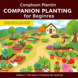 A vibrant and inviting book cover design for 'Companion Planting for Beginners', illustrating a diverse selection of gardens including vegetables, flowers, herbs, fruits, and fruit trees