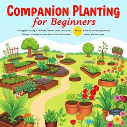 A vibrant and inviting book cover design for 'Companion Planting for Beginners', illustrating a diverse selection of gardens including vegetables, flowers, herbs, fruits, and fruit trees
