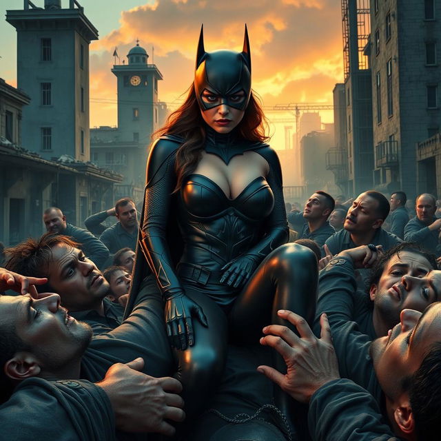 A busty superheroine bat woman with big cleavage, looking terrified and sad, is seated on the lap of a villain in Gotham