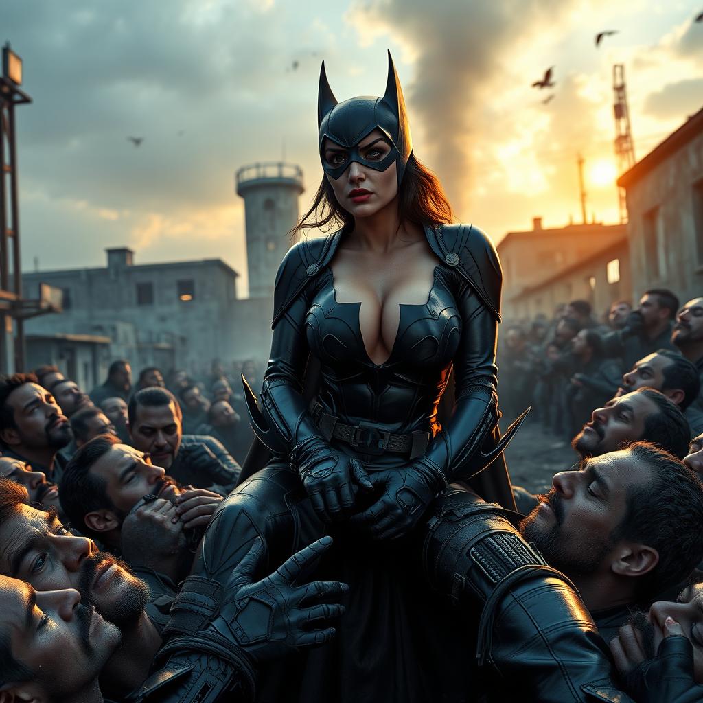 A busty superheroine bat woman with big cleavage, looking terrified and sad, is seated on the lap of a villain in Gotham