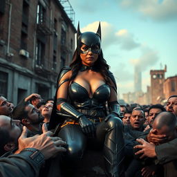 A busty superheroine bat woman with big cleavage, looking terrified and sad, is seated on the lap of a villain in Gotham