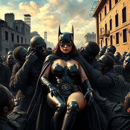 A busty superheroine bat woman with big cleavage, looking terrified and sad, is seated on the lap of a villain in Gotham