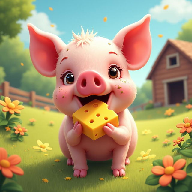 A charming and playful scene featuring a pig happily enjoying a chunk of cheese