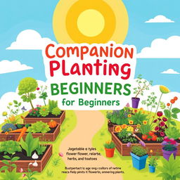 A vibrant and engaging book cover design for 'Companion Planting for Beginners', showcasing a lively assortment of garden types including vegetable, flower, herb, and fruit gardens