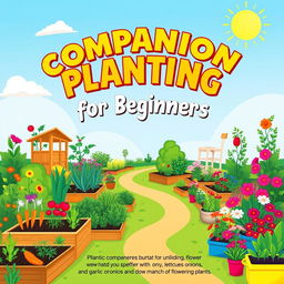 A vibrant and engaging book cover design for 'Companion Planting for Beginners', showcasing a lively assortment of garden types including vegetable, flower, herb, and fruit gardens