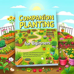 A vibrant and engaging book cover design for 'Companion Planting for Beginners', showcasing a lively assortment of garden types including vegetable, flower, herb, and fruit gardens
