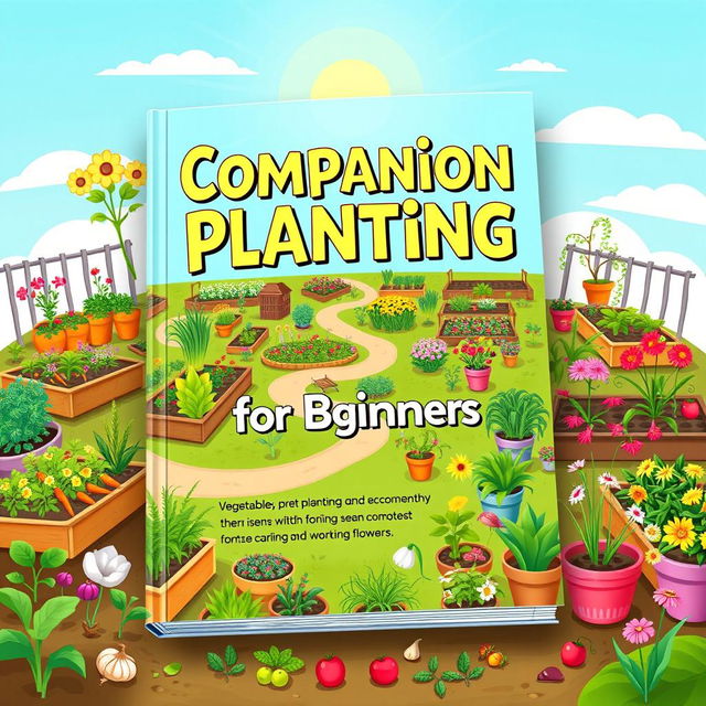 A vibrant and engaging book cover design for 'Companion Planting for Beginners', showcasing a lively assortment of garden types including vegetable, flower, herb, and fruit gardens