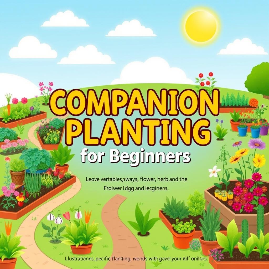 A vibrant and engaging book cover design for 'Companion Planting for Beginners', showcasing a lively assortment of garden types including vegetable, flower, herb, and fruit gardens