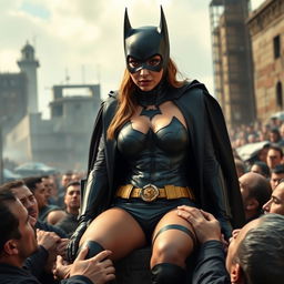 A busty superheroine bat woman, wearing small shorts that accentuate her big cleavage, appears terrified and sad as she sits on the lap of a menacing Gotham villain