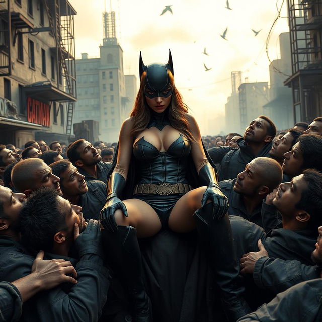 A busty superheroine bat woman, wearing small shorts that accentuate her big cleavage, appears terrified and sad as she sits on the lap of a menacing Gotham villain