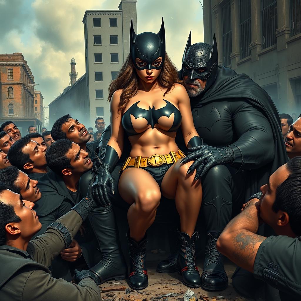 A busty superheroine bat woman, wearing small shorts that accentuate her big cleavage, appears terrified and sad as she sits on the lap of a menacing Gotham villain