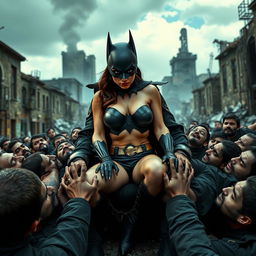 A busty superheroine bat woman, wearing small shorts that accentuate her big cleavage, appears terrified and sad as she sits on the lap of a menacing Gotham villain