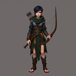 A standing female dwarf explorer with short black hair, dressed in a mail of scales and dark green robes, complemented by leather sandals