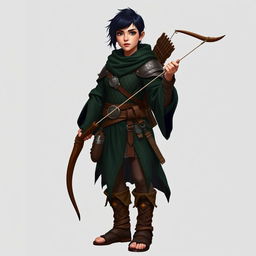 A standing female dwarf explorer with short black hair, dressed in a mail of scales and dark green robes, complemented by leather sandals