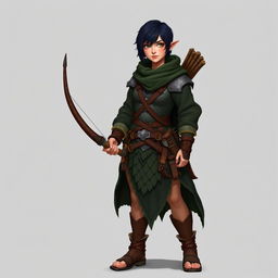 A standing female dwarf explorer with short black hair, dressed in a mail of scales and dark green robes, complemented by leather sandals