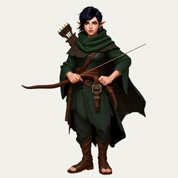 A standing female dwarf explorer with short black hair, dressed in a mail of scales and dark green robes, complemented by leather sandals