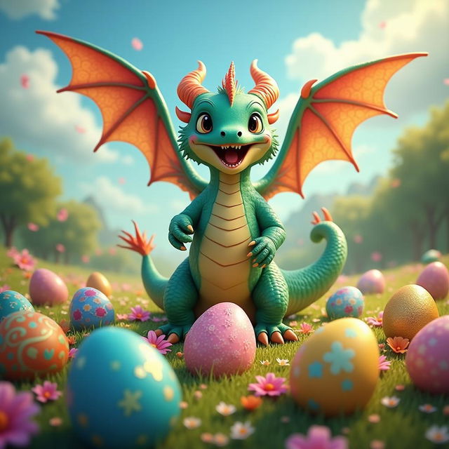 A fantastical scene featuring a happy, colorful dragon joyfully surrounded by 2025 beautifully decorated eggs