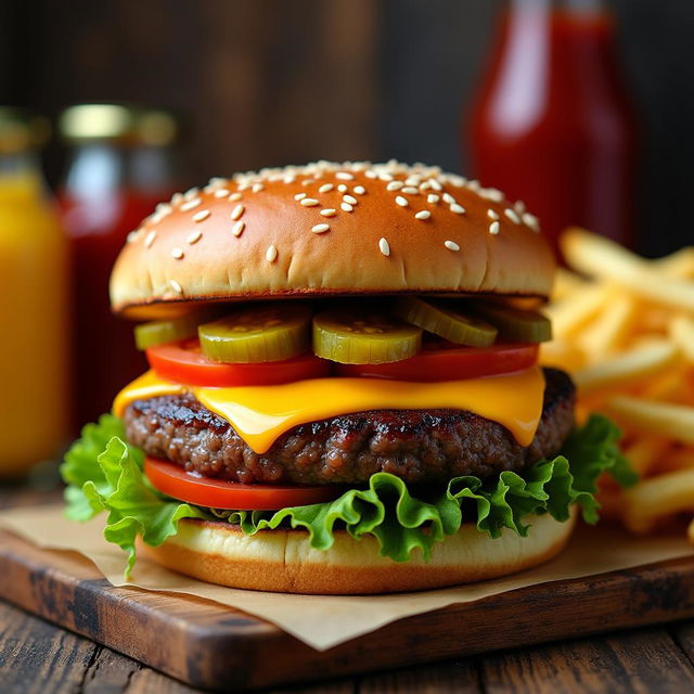 A mouth-watering close-up shot of a freshly made gourmet burger