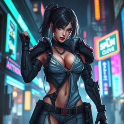 A female character inspired by Clove from a game like Valorant, featuring an intricate futuristic outfit made of sleek armor and tactical gear, partially undressing in a dynamic and heroic pose, with an intense expression on her face