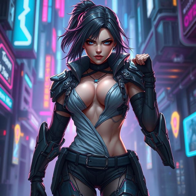 A female character inspired by Clove from a game like Valorant, featuring an intricate futuristic outfit made of sleek armor and tactical gear, partially undressing in a dynamic and heroic pose, with an intense expression on her face