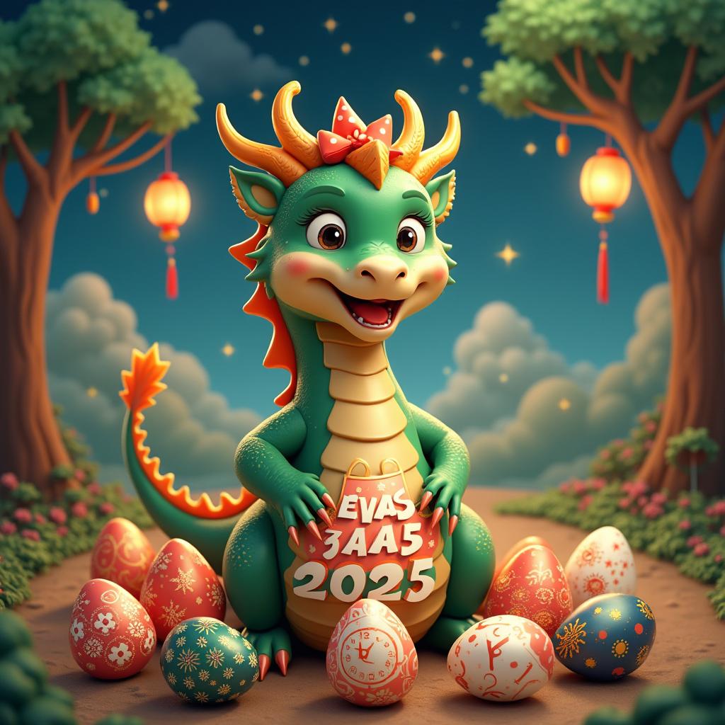 A joyful dragon surrounded by 2025 beautifully decorated eggs, each featuring intricate New Year designs and vibrant colors celebrating the arrival of 2025