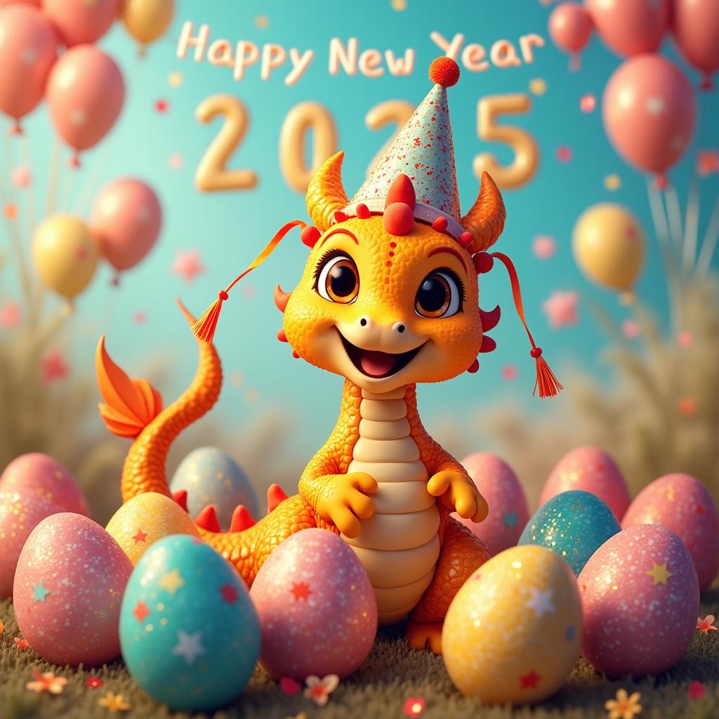 A cheerful dragon surrounded by an imaginative collection of 2025 colorful eggs, each intricately decorated for the New Year celebration