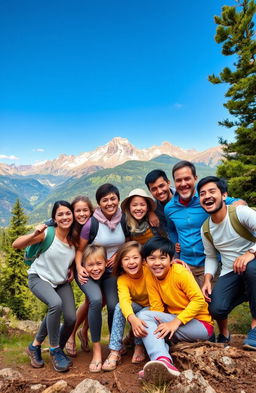 An epic family adventure scene set in a stunning landscape, featuring a diverse group of family members of varying ages bonding together