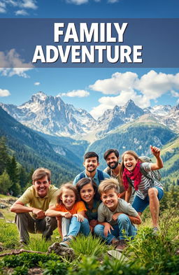 An epic family adventure scene set in a stunning landscape, featuring a diverse group of family members of varying ages bonding together