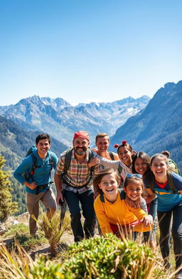 An epic family adventure scene set in a stunning landscape, featuring a diverse group of family members of varying ages bonding together