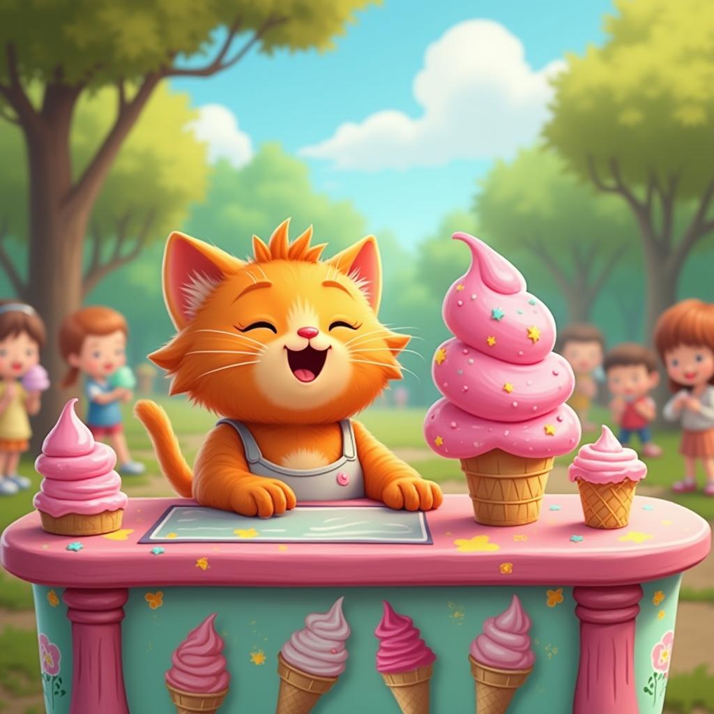 A whimsical scene featuring an orange cat standing behind a colorful ice cream cart, enthusiastically selling pink ice cream