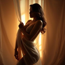 A sensual artistic representation showcasing the beauty of the human form, focusing on a female silhouette partially draped in sheer fabric