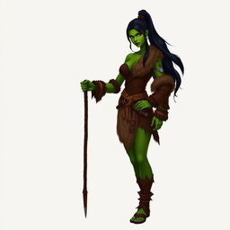 A standing female demiorc barbarian with long black hair styled in a ponytail, featuring striking green skin