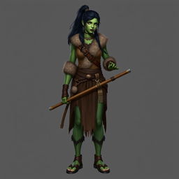 A standing female demiorc barbarian with long black hair styled in a ponytail, featuring striking green skin
