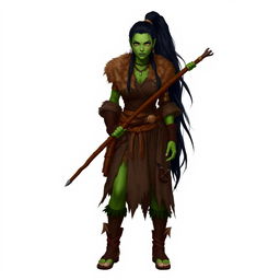 A standing female demiorc barbarian with long black hair styled in a ponytail, featuring striking green skin