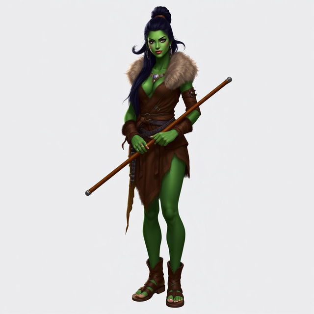 A standing female demiorc barbarian with long black hair styled in a ponytail, featuring striking green skin