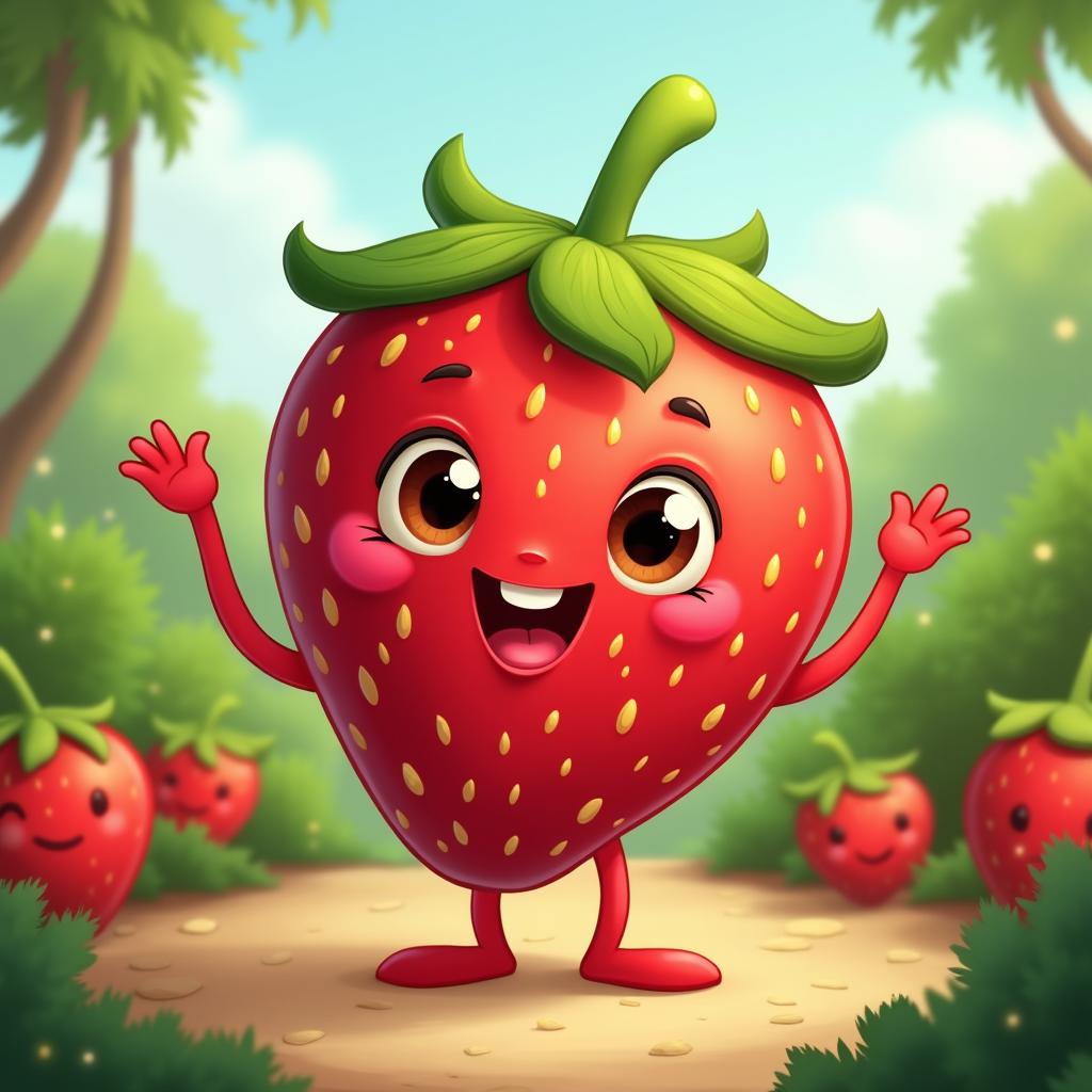 A whimsical character design featuring a cute strawberry with arms and legs