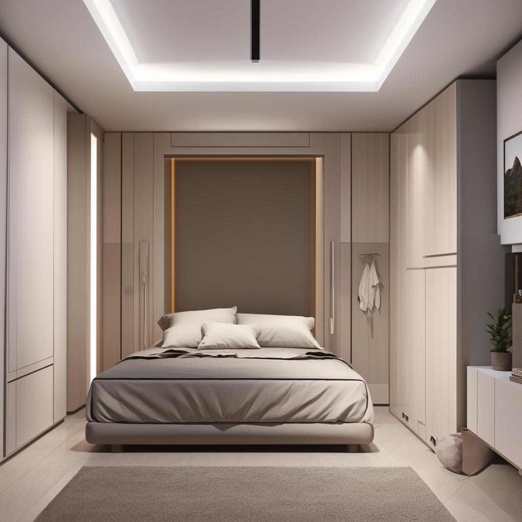 3D image of a modern bedroom interior in a 10ft by 10ft room with three sides occupied by furniture and other decorations. There's a side door placed on the right side of the room.