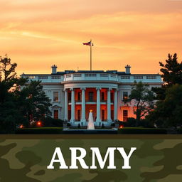 An elegant and professional e-book cover design that embodies the themes of the United States Army and the White House