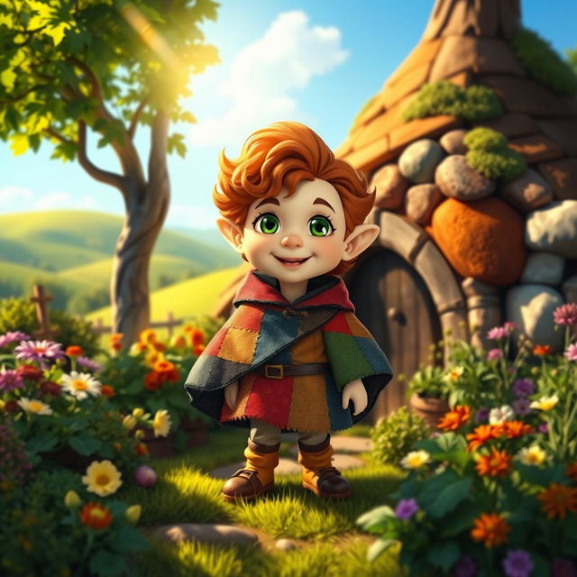 A charming halfling character, depicted in a vibrant fantasy setting