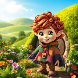 A charming halfling character, depicted in a vibrant fantasy setting