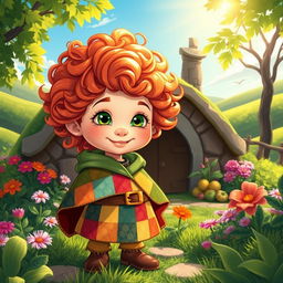 A charming halfling character, depicted in a vibrant fantasy setting