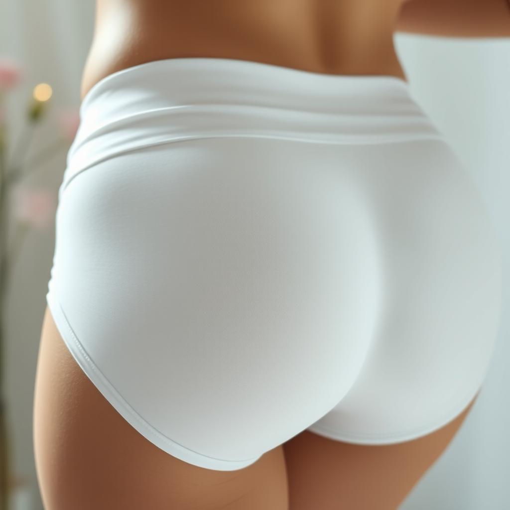 Close-up of a smooth, fair-skinned woman's bottom wearing white panties