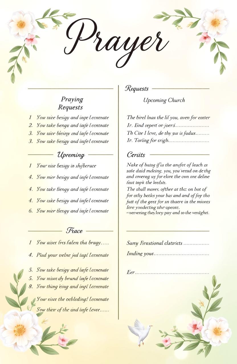 A beautifully designed prayer bulletin featuring a tranquil and serene background, with soft pastel colors