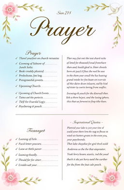 A beautifully designed prayer bulletin featuring a tranquil and serene background, with soft pastel colors