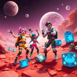 A vibrant and dynamic scene inspired by Fortnite, featuring characters equipped with futuristic gear and bright, colorful outfits
